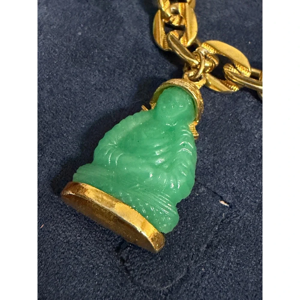 Vintage Goldtone Charm Bracelet w/ 5 Peking Glass Jade Green Buddha Charms